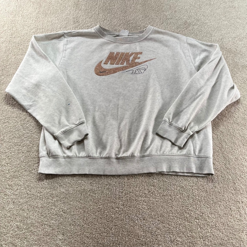 Nike Sweatshirt Womens Large Grey Gold Glitter Logo Crewneck Fleece Pullover